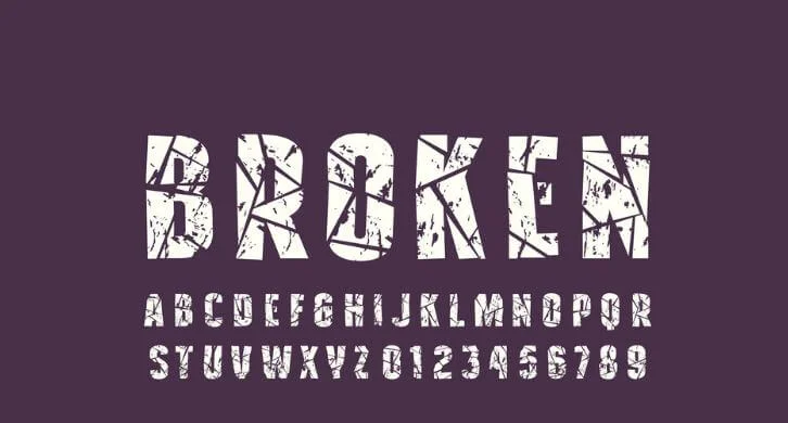 Preview of Broken Font showing cracked letterforms